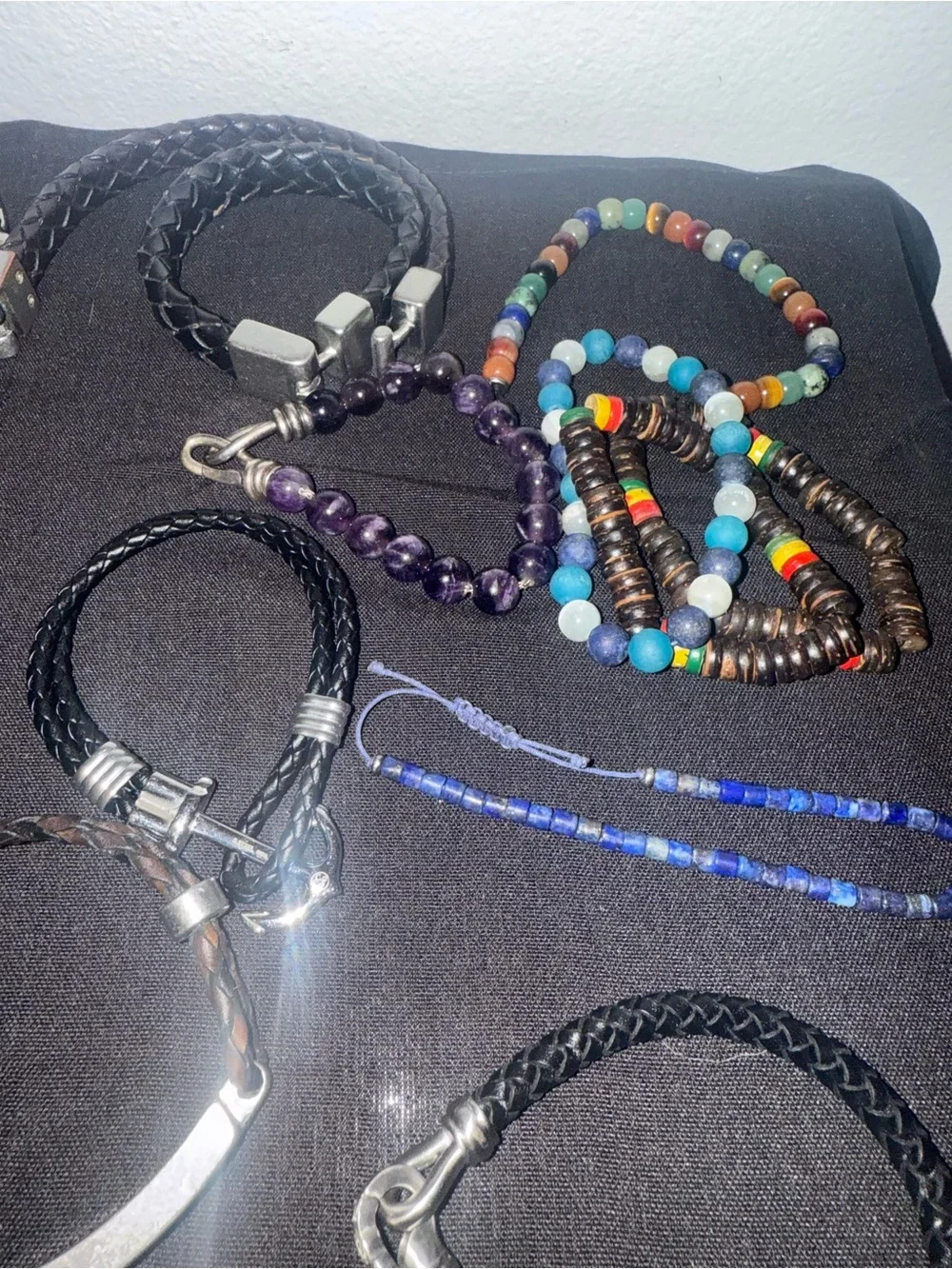 Lot of 14 leather & bead bracelets. Various
